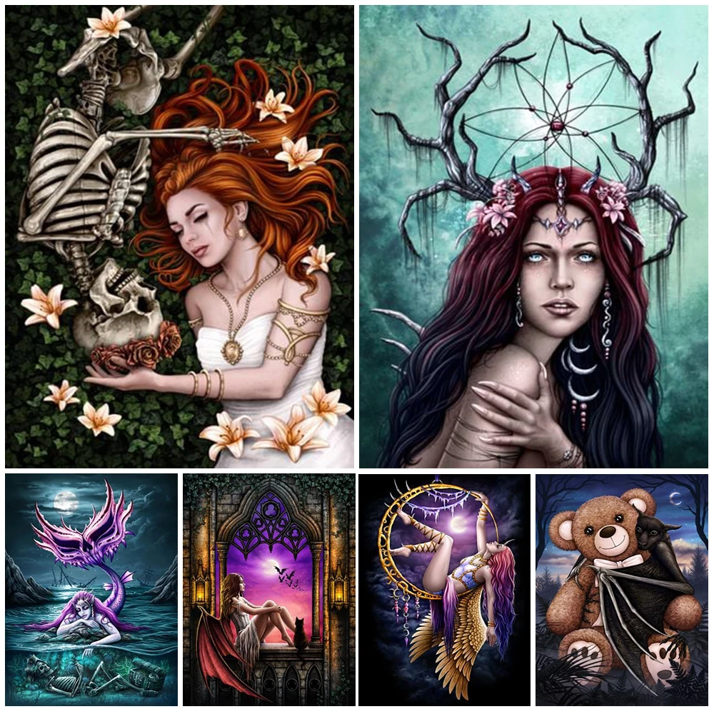 Vintage Mermaid Girl Bat Skull Lover Demon Wall Art Canvas Painting Home Decor Posters and Prints Wall Pictures For Living Room