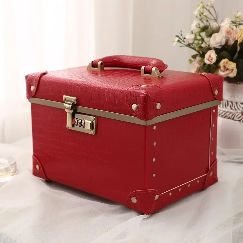 Portable Retro Password Cosmetic Case, Double Layer, Multi-function Leather Case, Simple Storage Case, Fashion, 10 Inch