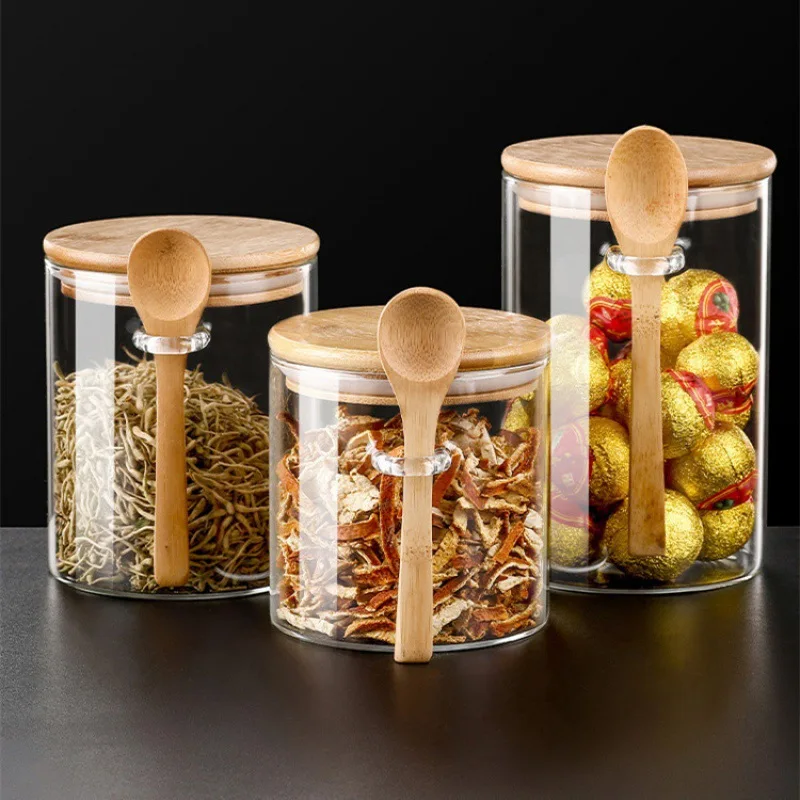 

High Borosilicate Glass Circular Sealed Can Small Ear Bottle Hanging Spoon Seasoning Tank Kitchen Storage Container