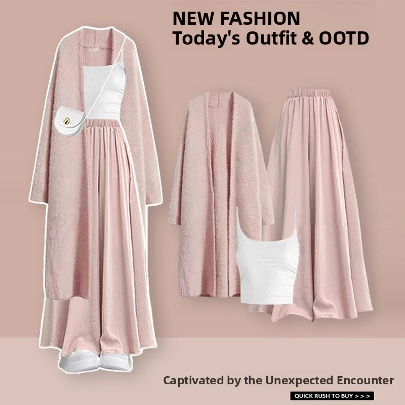 

Розовая трикотажная верхняя одежда, топ и тер-юбка, комплект из футболки, осенняя женская одежда Faion, длинный жилет и юбка V-Ne Sve...