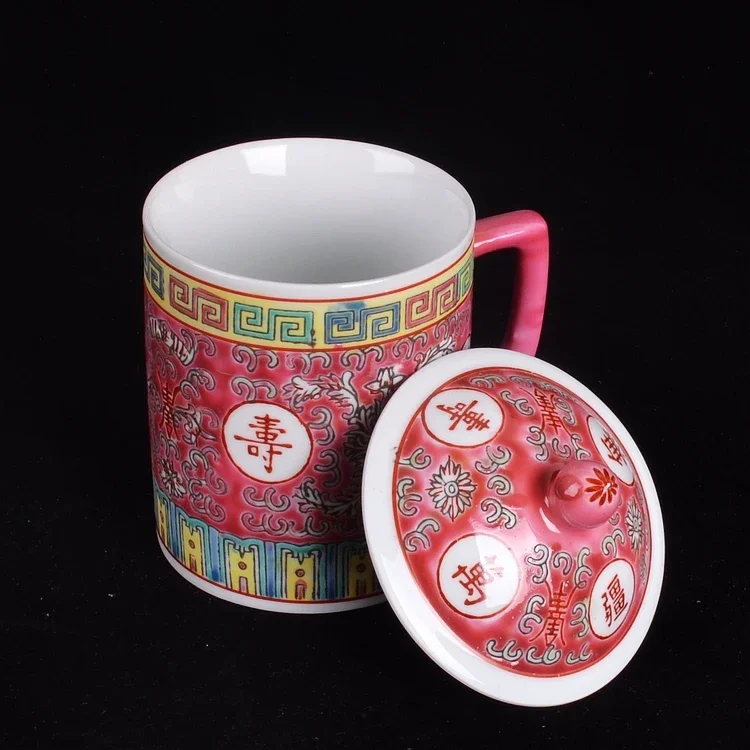 Taza de cerámica tradicional china Jingdezhen, taza de porcelana azul y blanca, taza de té roja/azul/amarilla con tapa, vasos de 300ml