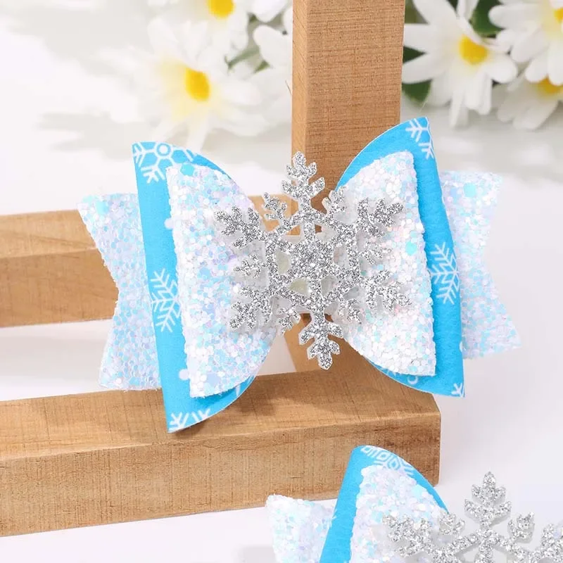 ncmama 2PCS Christmas Snowflake Bow Hairpins Sweet Girls Exquisite Glitter Snowflake Hair Clips Kids Barrettes Hair Accessories