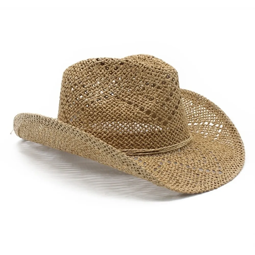 Retro Hand-Weave Sun Hat Solid Color Breathable Straw Cowboy Hat Curved Brim Panama Hat Beach Travel