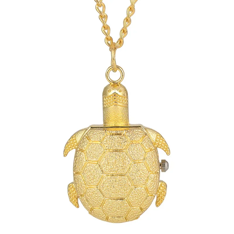 Luxury Yellow Gold Animal Clock Tortoise Shape Lovely Pocket Watch for Men Women Kid Timepiece Quartz Movement Necklace Chain