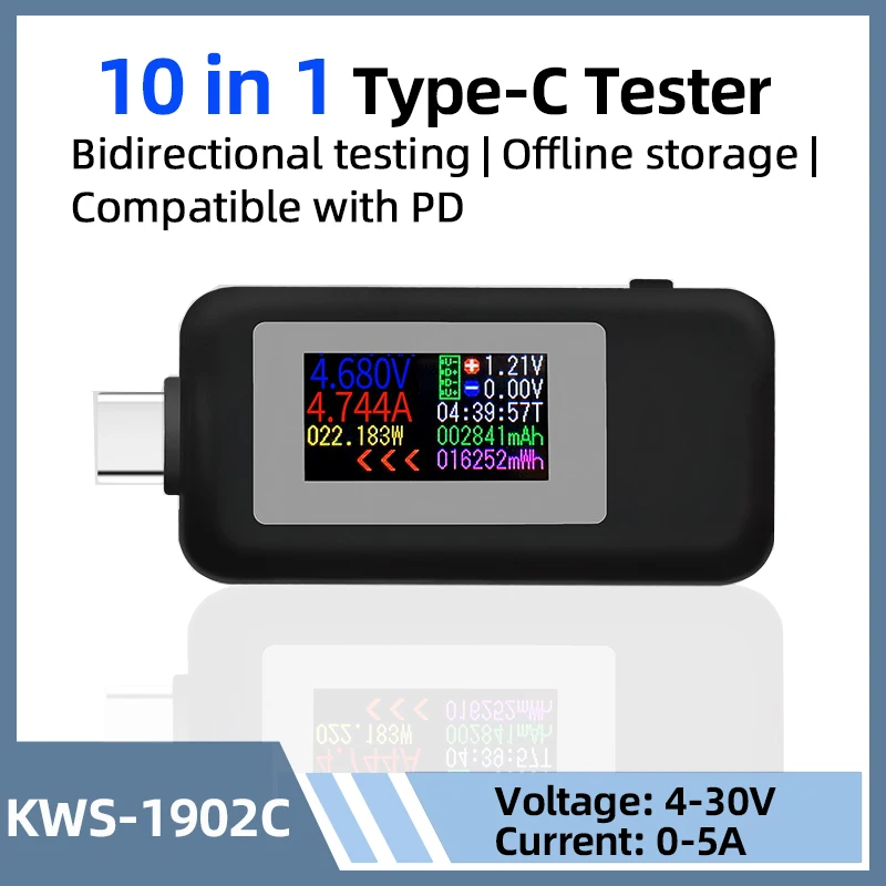 10 w 1 Tester DC typu C Prąd 0-5A 4-30V Miernik napięcia Amperomierz czasowy Monitor cyfrowy Wskaźnik odcięcia zasilania Ładowarka bankowa