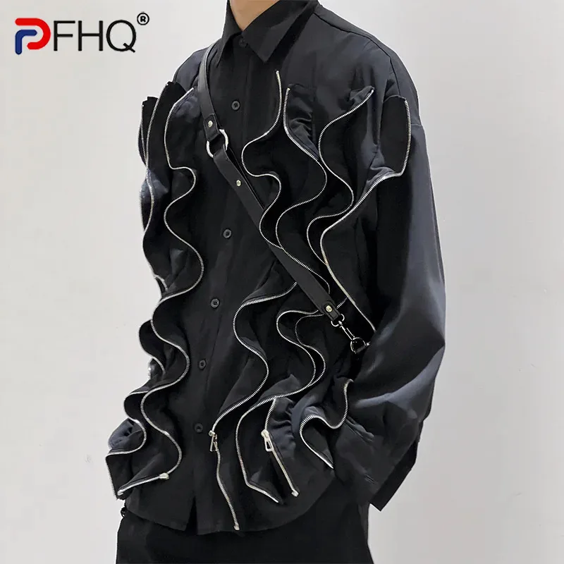 PFHQ Design Darkwear Black Zipper Twisted Pleated Shirt Men Loose Versatile Long Sleeved Shirt 2025 Korea Male Tops 21Z9163