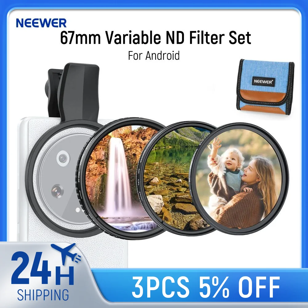 

NEEWER 67mm Variable ND Filter Set For Android, 3 Pcs CPL Circular Polarizing + ND2-32 + Black Mist Diffusion 1/4 Lens Filter