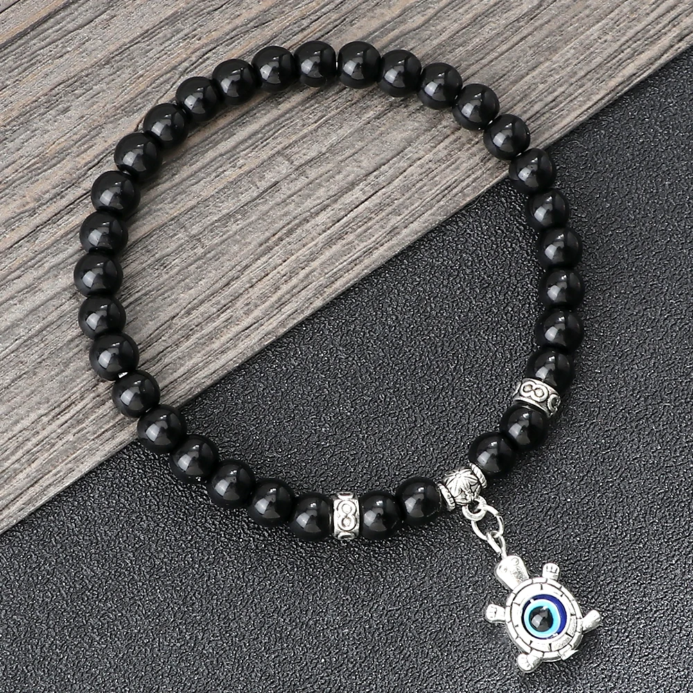 Classic Men Black Onyx Bead Bracelets 6/8 MM Owl Hand Of Fatima Chain Bracelets Women Handmade Yoga Meditation Jewelry Wholesale