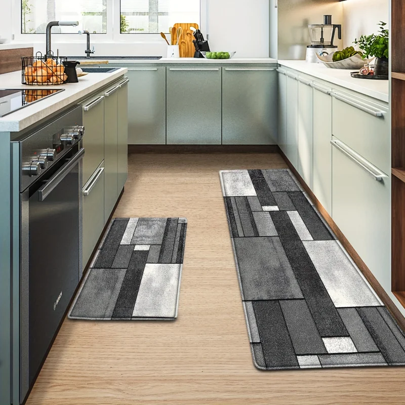 VIKAMA 2 Stück schwarz-weiß-grauer geometrischer Küchenteppich, rutschfeste, saugfähige Fußmatte, Fußmatte, moderne, einfache, dekorative Teppiche