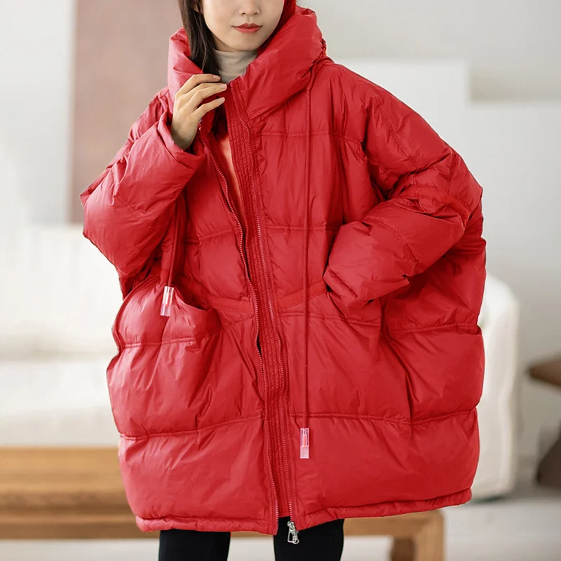 Oversized Women's Winter Puffer Coat, Warm Jacket, White Duck Down, Korean Hooded, Loose Parker Coat, Fall , 2024