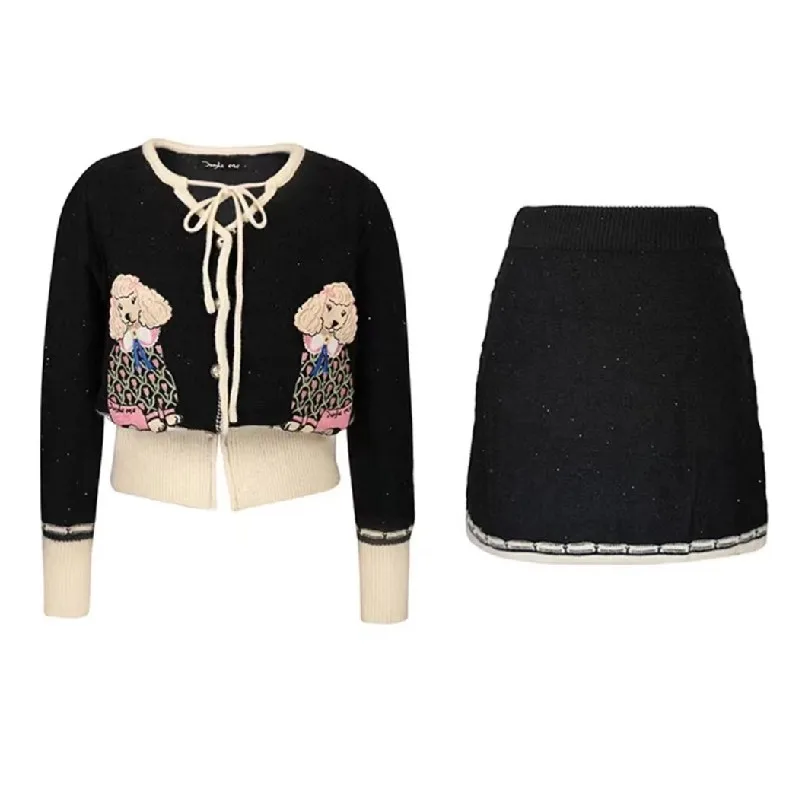 Elegant Stylish Knitted 2 Piece Skirt Set Women Cartoon Bowtie Cardigan + A-line Mini Skirt Matching Set 2024 Spring 2 Pcs Suits