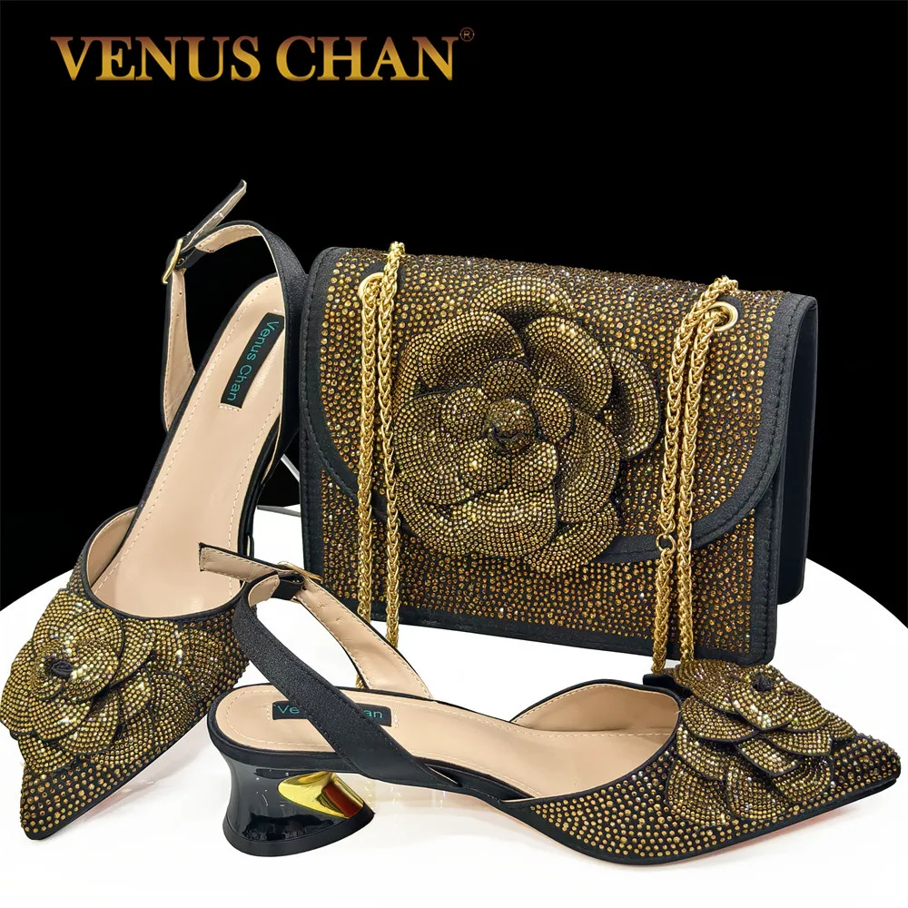 Venus Chan Shoes for Women Pointed-Toe Large Flower Decoration Rhinestone Low Heel Italian Design Black Color Shoes and Bags Set