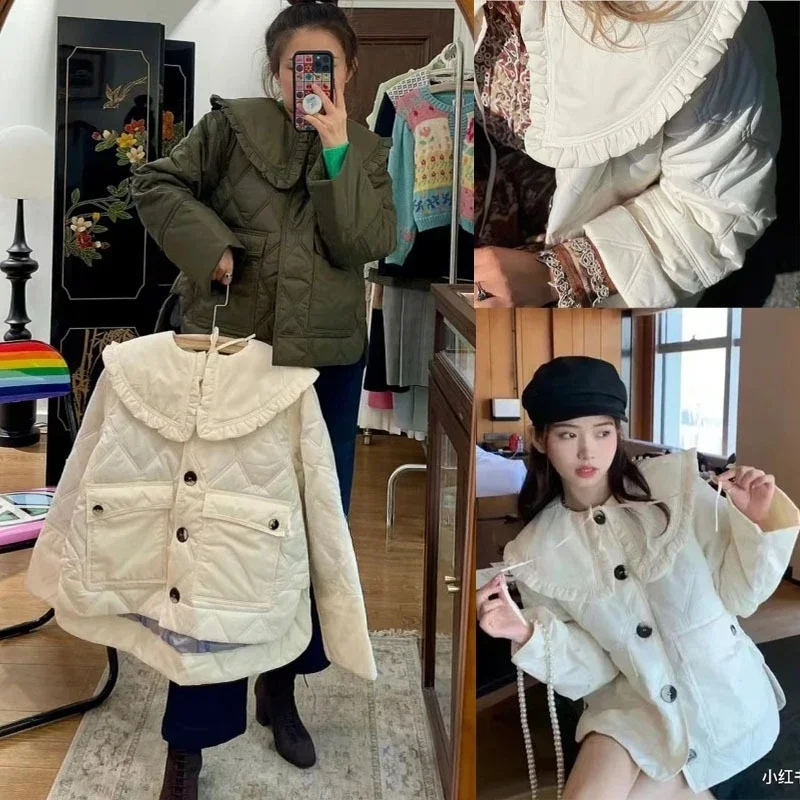 

Lightweight Warm Women's Fashion Olive Color Detachable Large Lapel Ruffled Quilted Short Jacket Pockets Buttons Cotton Coats