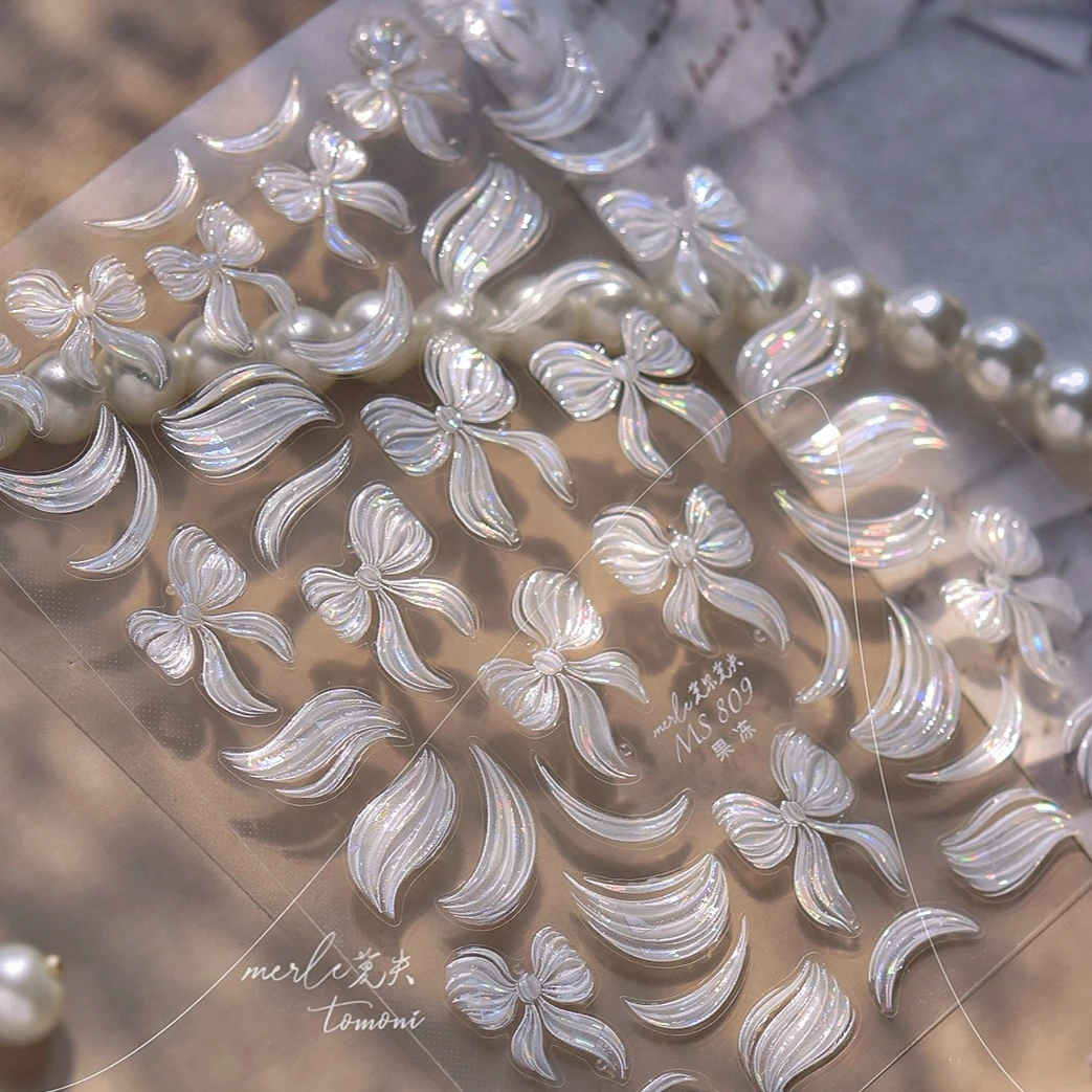 Shiny Delicate Bowknot Ribbon Jelly White Streamer Line Chic Tie Sparkle Adhesive Nail Art Stickers Manicure Decals Decorations