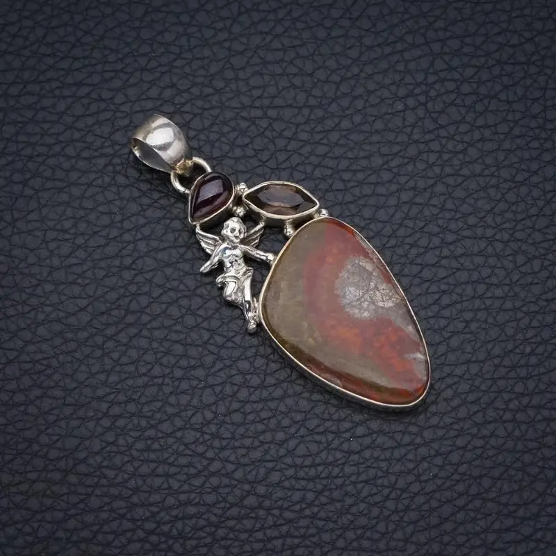 StarGems Natural Ocean Jasper&Smoky Quartz And Amethyst Angle Handmade 925 Sterling Silver Pendant 2 1/4