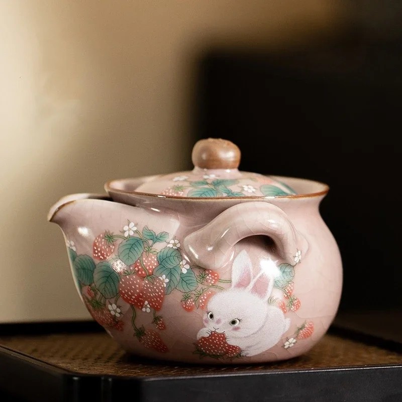 Cute Rabbit Porcelain Chinese Kettle Ru Yao Teapot Tea Ceremony Set Milk Oolong Tie Guan Yin Pink Teaware Type