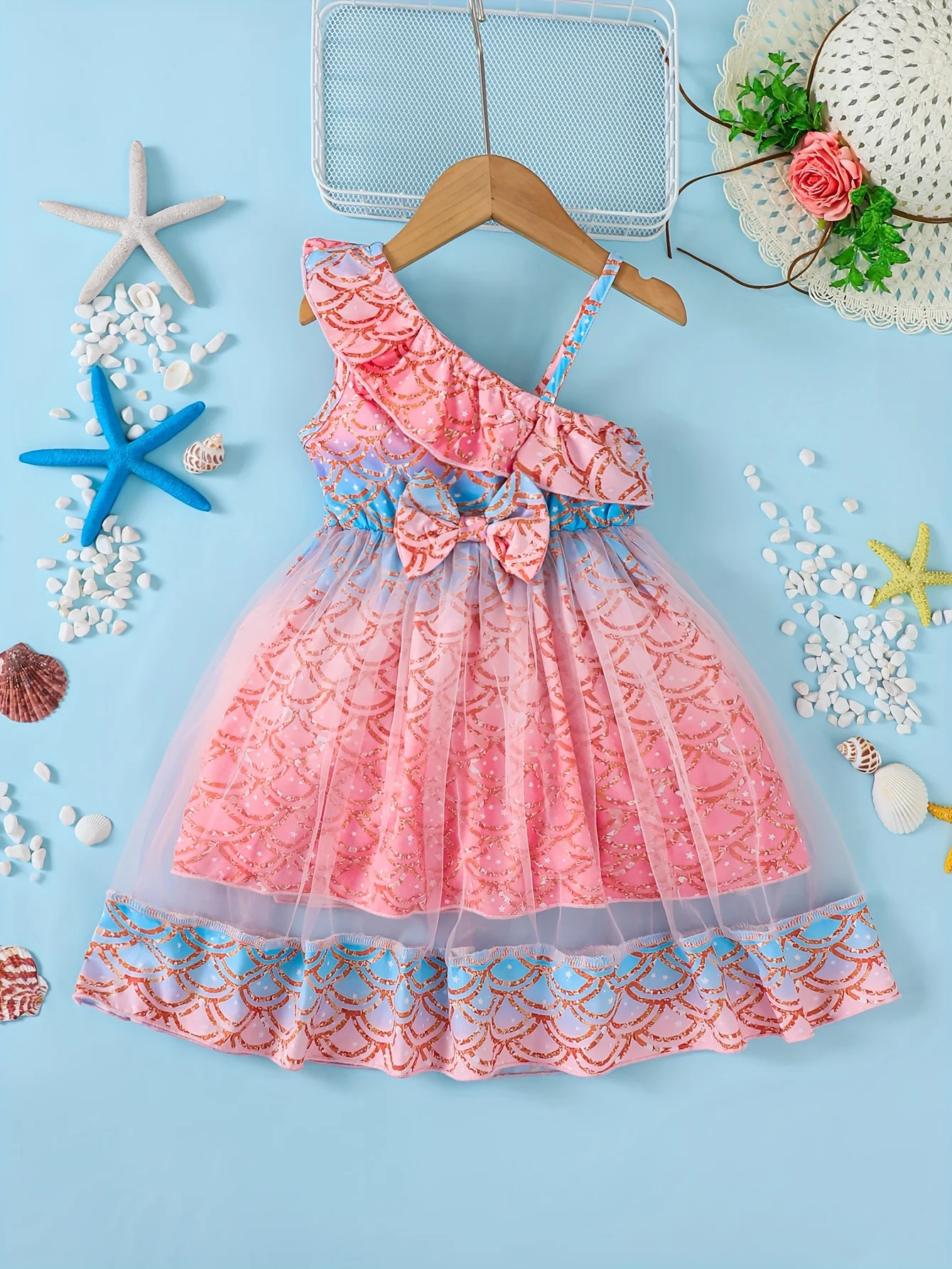 Baby girl Princess Style Dres Pink fish scale print ruffled mermaid dress for 0-3 year baby girls beach vacation dress