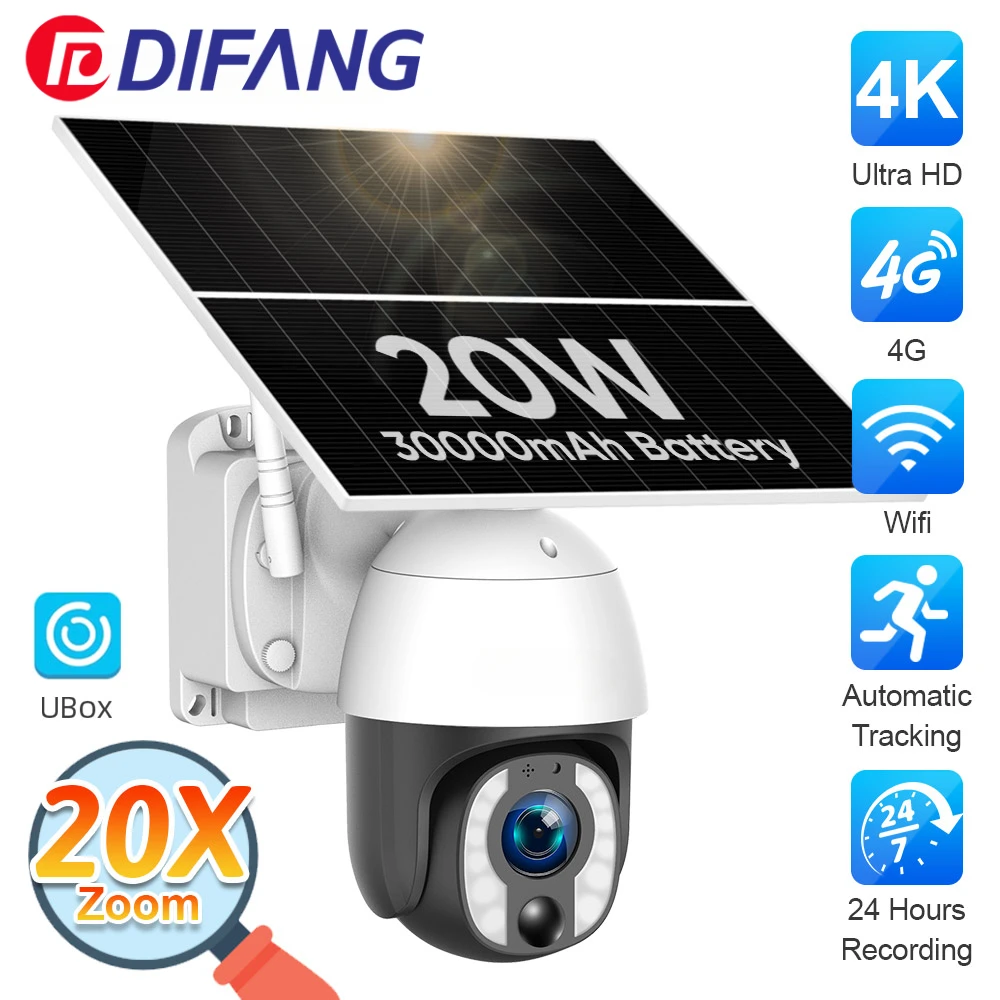 

4K 20X Optical Zoom 8MP 20W Solar Camera 4G 24 Hours Recording Auto Tracking 30000mAh Battery Cameras WiFi Solar Panel IP CCTV