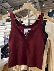 Vintage Solid Slim Waffle Tank Tops Women Casual Summer Cotton Sleeveless Raw Hem Vests Female Y2k Streetwear Button Crop Top