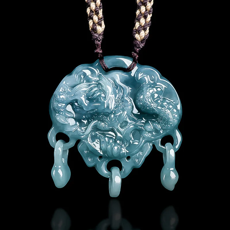 

Natural Jadeite Blue Water Phoenix Chengxiang Pendant Hollow Out Hand-carved High-grade Luxury Men's and Women's Necklace Gift