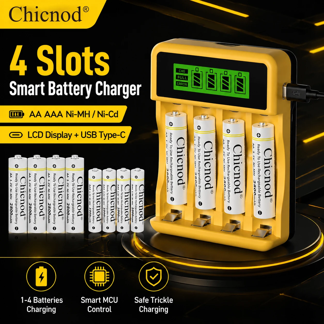 Chicnod LCD012 AA AAA Battery Charger Ni-MH Ni-Cd Rechargeable Battery Charger 4 Slot LCD Display USB Type-C Smart Charger