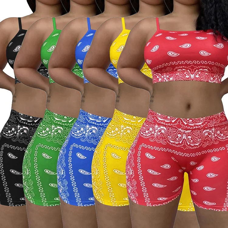 Bandana Print Women 2 Piece Set Spaghetti Straps Crop Tank Top Skinny Biker Shorts Matching Set Sexy Night Club Party Tracksuits