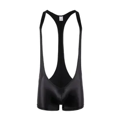 Mens Sexy Faux Leather Bodysuit One-Piece Jockstrap Leotard Catsuit Wrestling Singlet Black PU Jumpsuit Clubwear PVC Wet Look