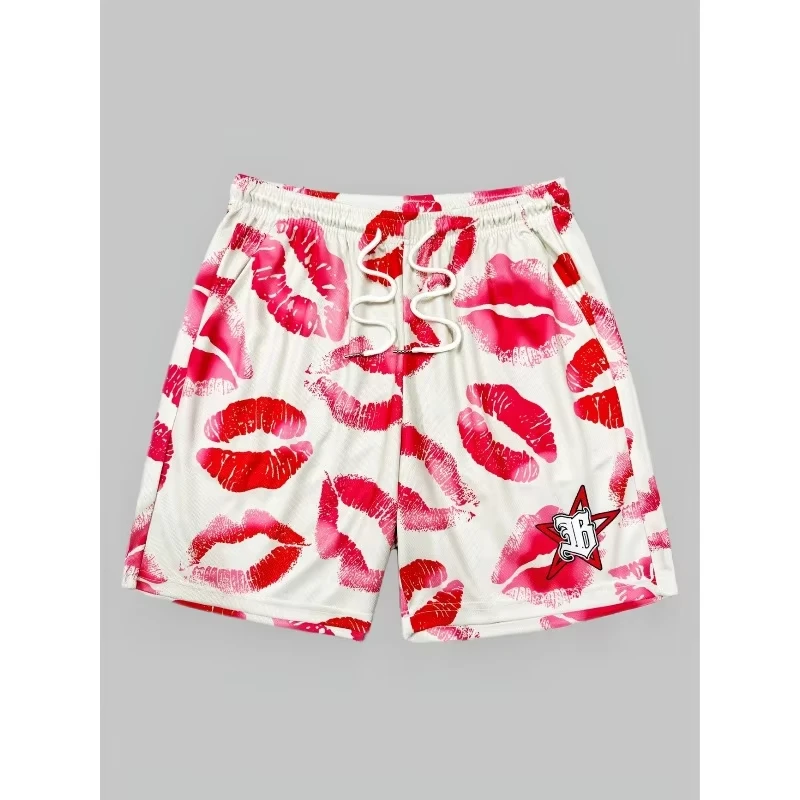 

Summer New Bestseller: American Romantic Red Lip Print Quick Drying Sports Basketball Shorts, Street Casual Fitness Shorts Top