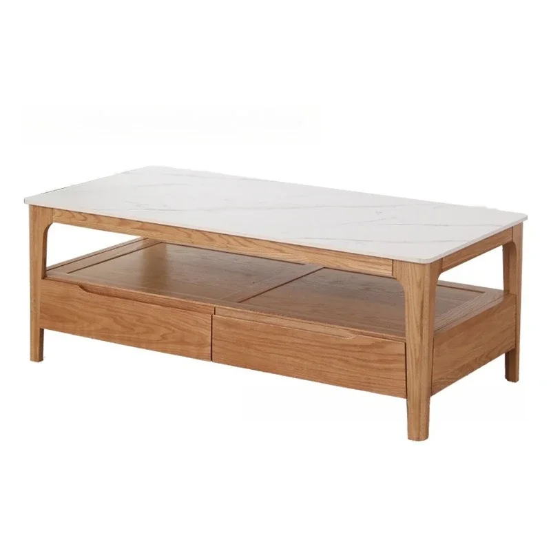

Nordic small apartment rock slab coffee table, simple solid wood household storage square oak tea table