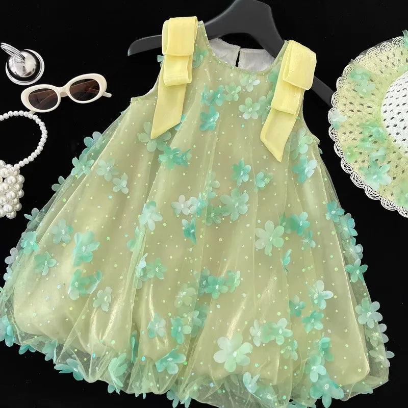 2025 الصيف الفتيات جديد فستان جنية صغيرة غزل عائم ثلاثي الأبعاد زهرة لطيف الشاش تنورة بلا أكمام تنورة الأميرة