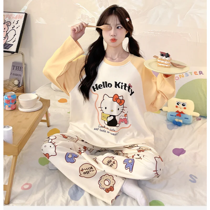

Пижамы с рисунком «Hello Kitty», осенние хлопковые пижамы с длинными рукавами и круглым вырезом, повседневный свободный комплект из двух предметов, женские пижамы Sanrio, одежда для дома