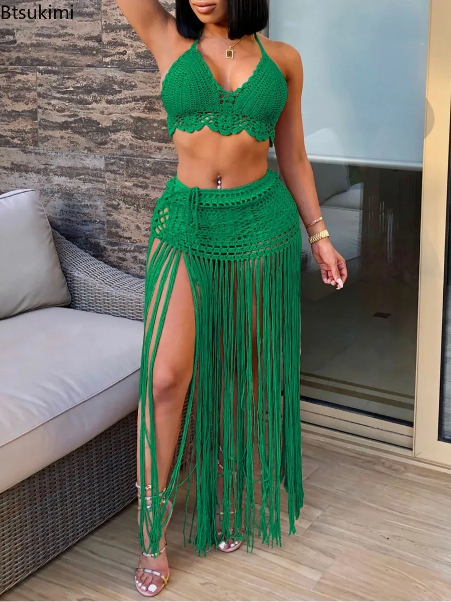 New Women's Two Pieces Swimsuits Beach Style Knitted Bikini Tops High Waist Tassel Long Skirts Female Sexy Cover Up Bikini Sets