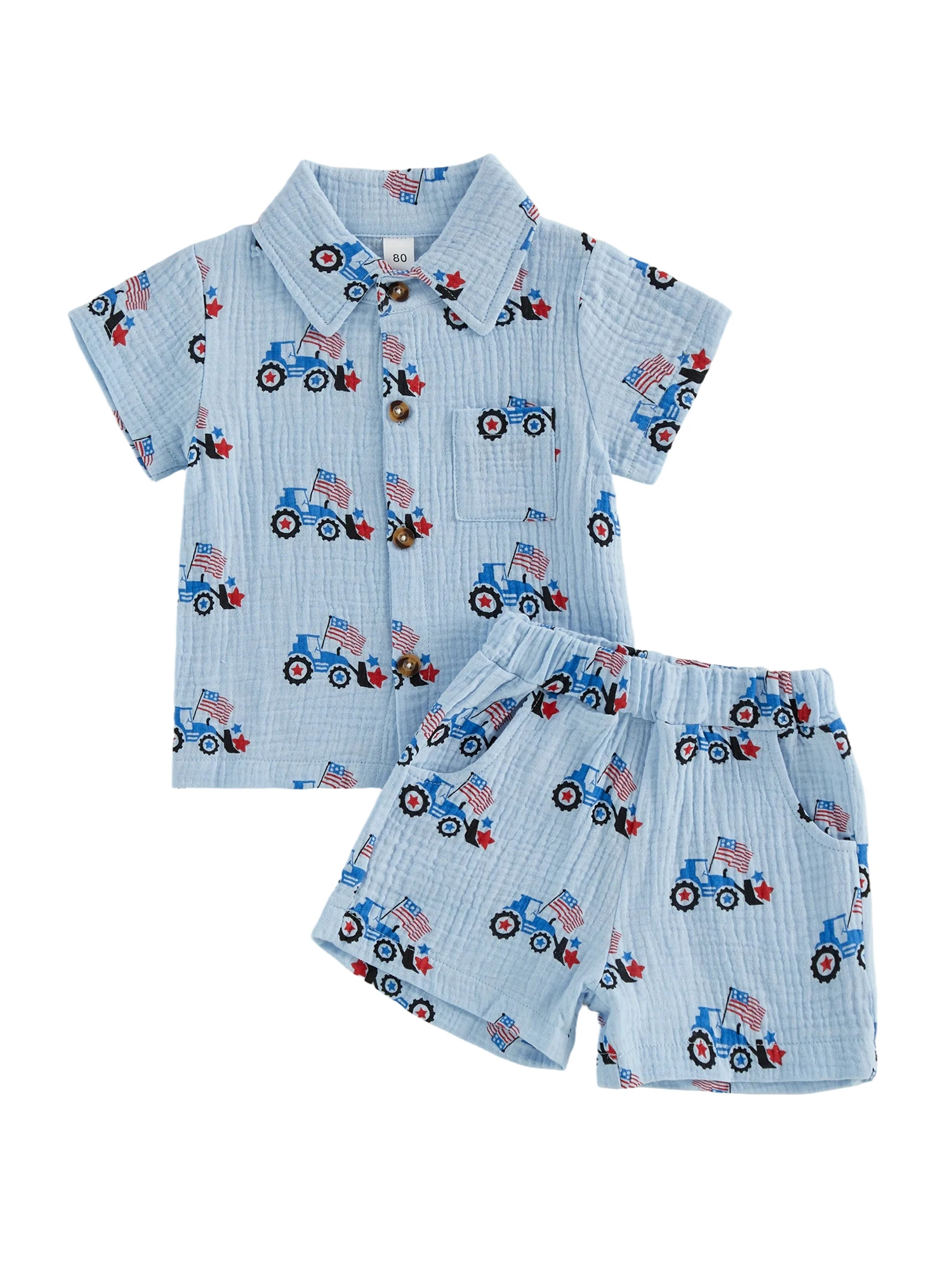 

Патриотический наряд для маленьких мальчиков на 4-е июля: комплект из рубашки с короткими рукавами и шорт с принтом американского флага и пуговицами для малышей