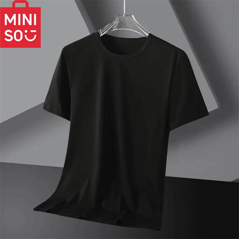 MINISO round neck ice silk men\'s short sleeved T-shirt summer men\'s solid color ice feeling base shirt