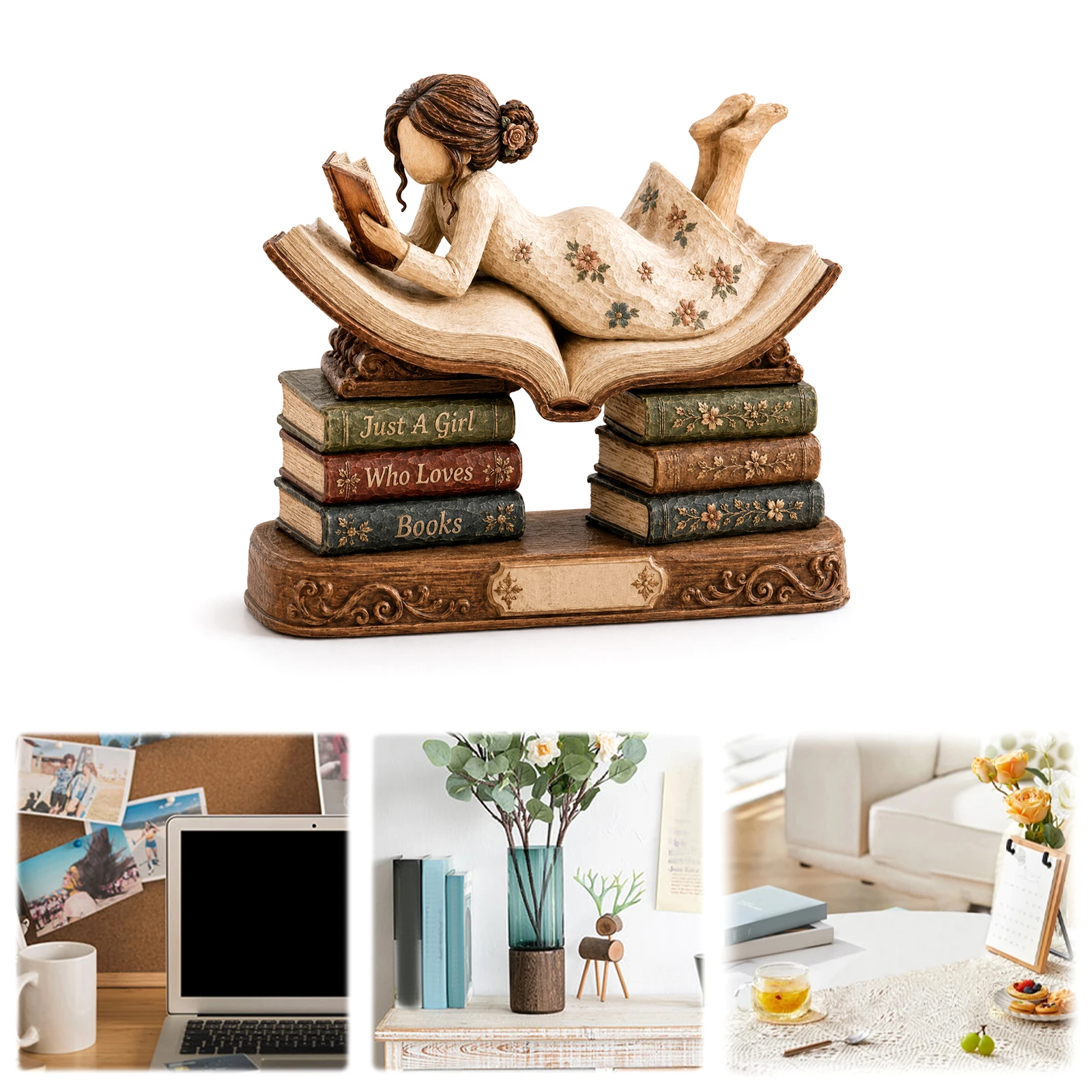 Engraved Reading Plaque Double Layer Wood Cut Book Lover Gift Desk Shelf Decor Corner Sign