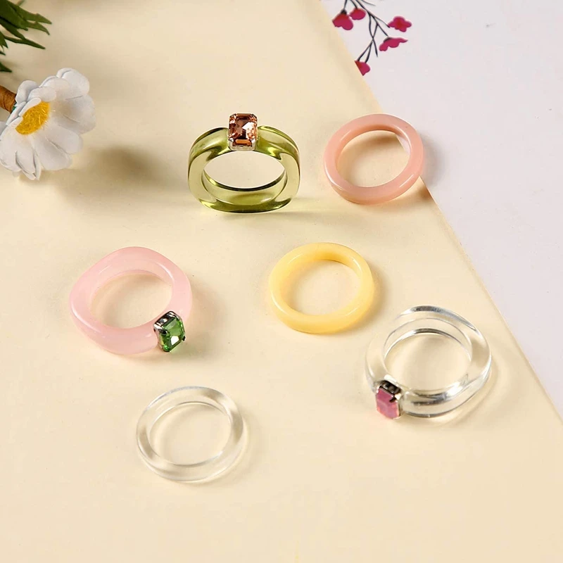 15 Pcs Resin Rings Acrylic Cute Trendy Rings Colorful Rhinestone Rings Jewelry Plastic Square Gem Stackable Chunky Ring