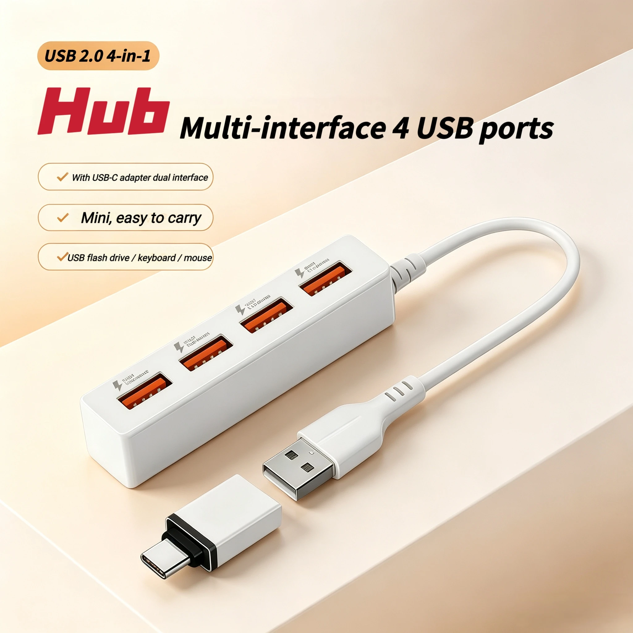 

USB 4-Port Hub Desktop Charging USB Hub USB-C to USB Adapter USB 2.0 Splitter Converter for PC Computer USB Flash Drive Mouse
