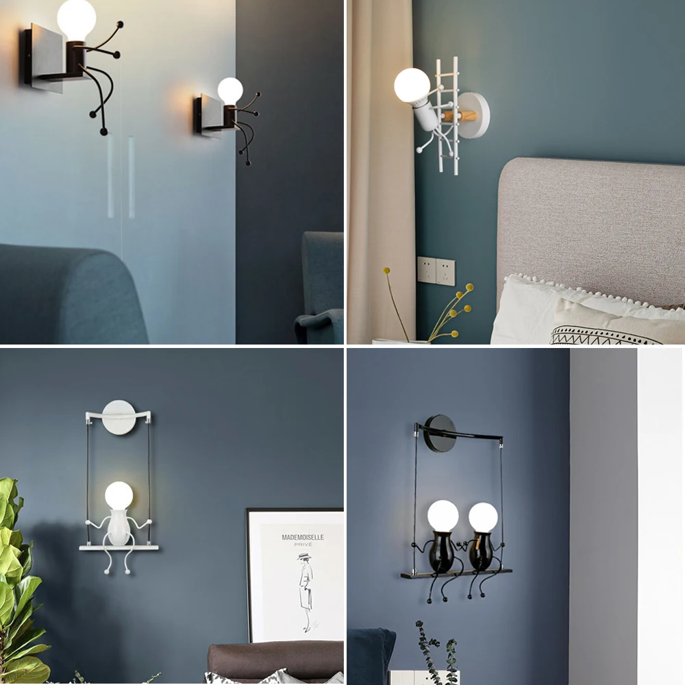 Modern LED Wall Lamp Nordic Cartoon Doll Wall Lights American Creative Metal Robot Sconce for Kids Baby Room Living Bedroom