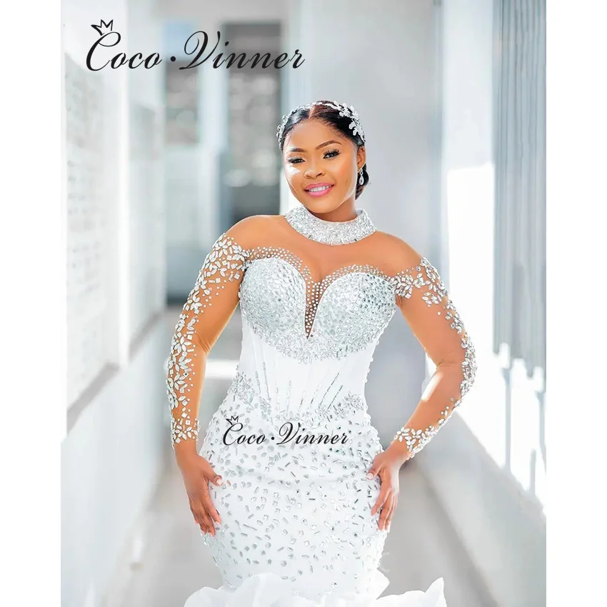 Abiti da sposa a sirena di lusso personalizzati per le spose africane Organza Ruffles Perline di cristallo Abito da sposa di qualità Cina W1406