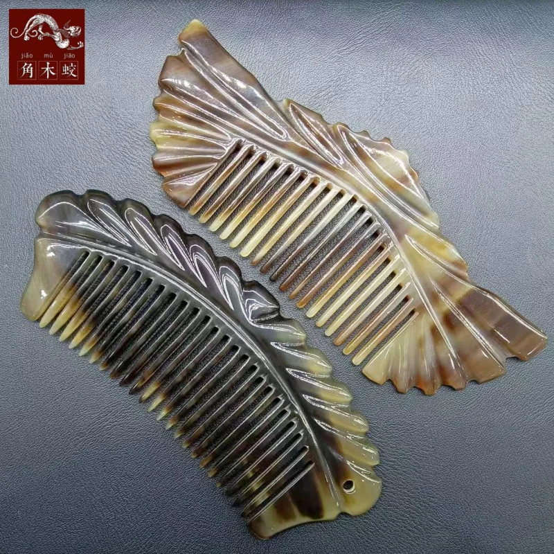 Yak black flower , exquisite ink-colored patterned , various styles, handleless carved cow horn comb, short