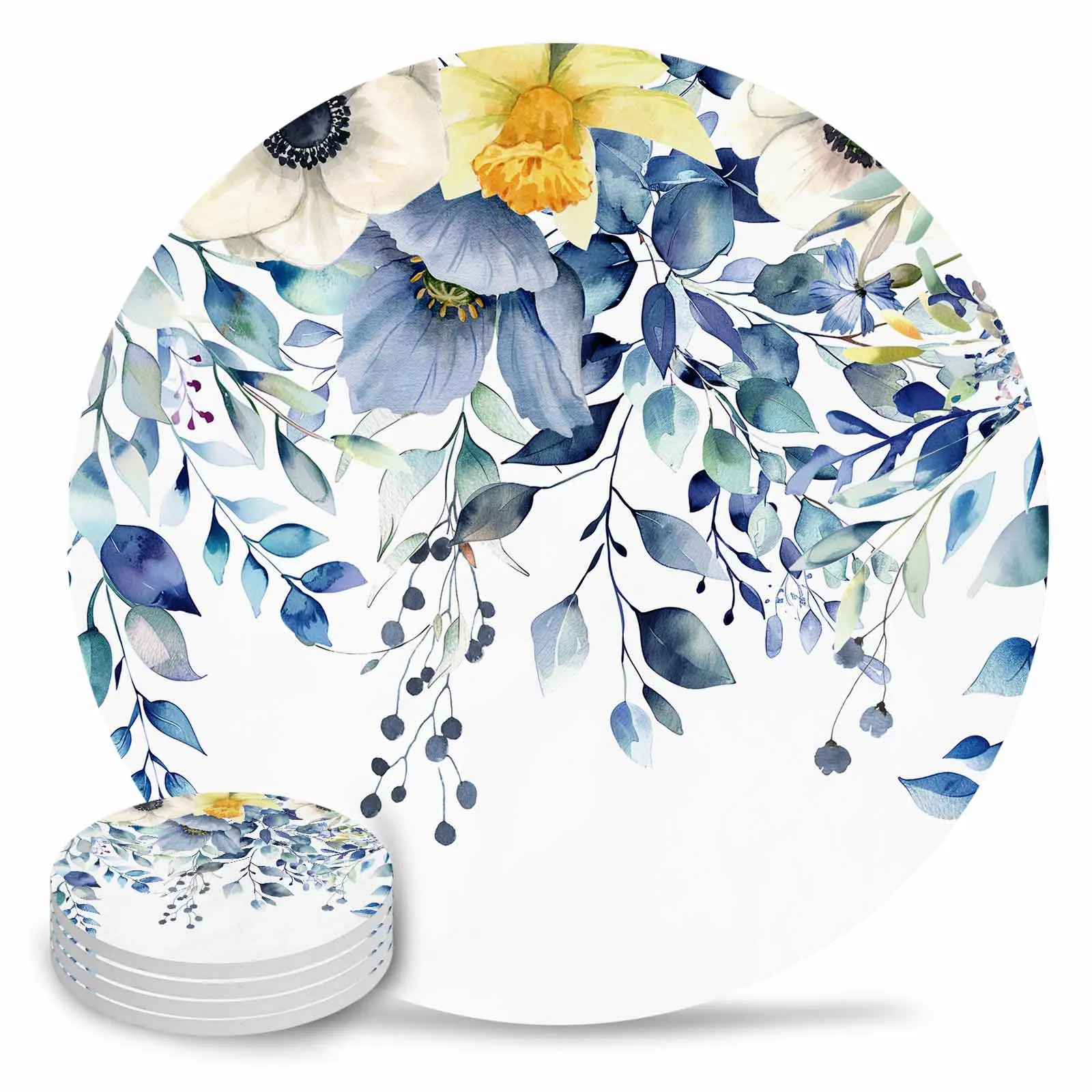 Wildflowers Flowers Blue Leaves Ceramic Coaster Set Kitchen Table Round Placemat Luxury Decor Coffee Tea Cup Coasters