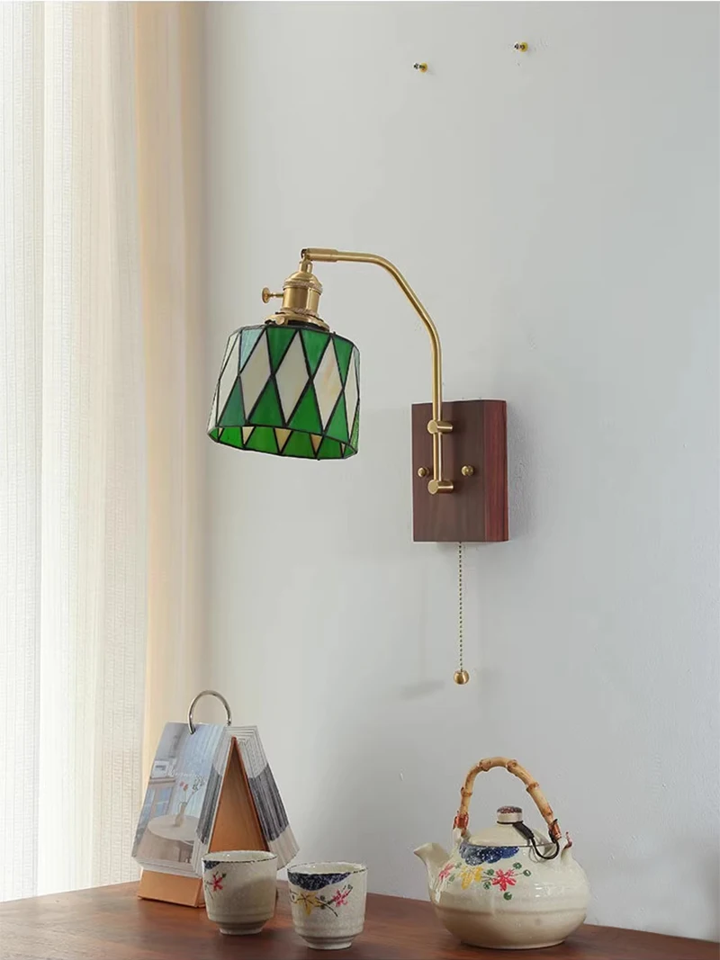 Japanese Retro Wall Lamp with Pull Switch Modern Simple Bedroom Bedside Lamp Wooden American Brass Tiffany Shade Wall Lights LED