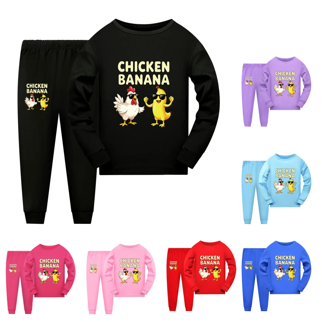 Kids Chicken Banana Short sleeved Shorts and Long sleeved Girls Boys Pajama Set