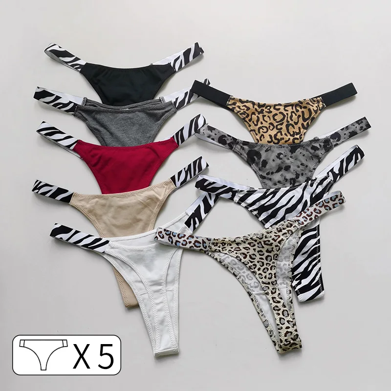 5Pcs Cotton Sexy Women Panties Zebra Leopard Printed Seamless Girls Briefs Thong G string Low Waist T-back Size S-XL