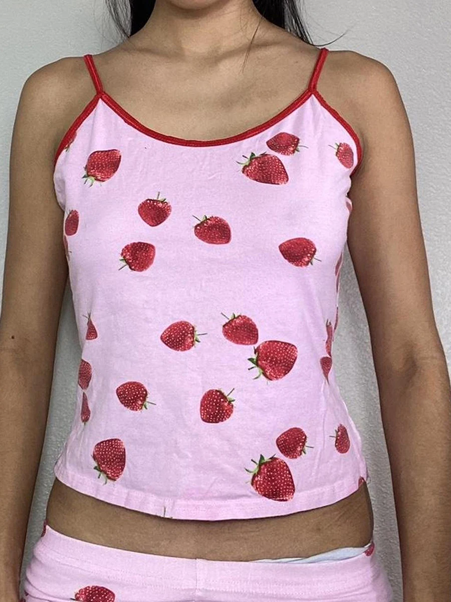 Women s Summer Shorts Outfits Strawberry Cherry Bow Pattern Camisole Crop Tops with Shorts 2 Pcs Set for Outwear Indoor