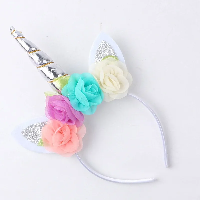 Silbernes Blumen-Einhorn-Stirnband für Kindergeburtstage, Haaraccessoires für Mädchen, Halloween, Niedlicher Haarreif, Haarspangen-Dekoration – Detail 3