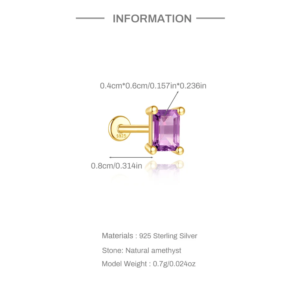 AIDE 925 Sterling Silver Natural Amethyst Piercing Earrings Shining 18K Gold Flat Head Threaded Puncture Ear Bone Ins Jewelry - view 2