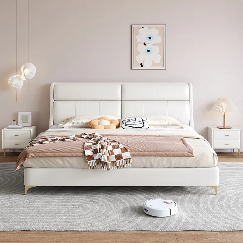 Furniture soft bag leather bed master bedroom flush edge first layer cowhide designer double home wedding bed air pressure