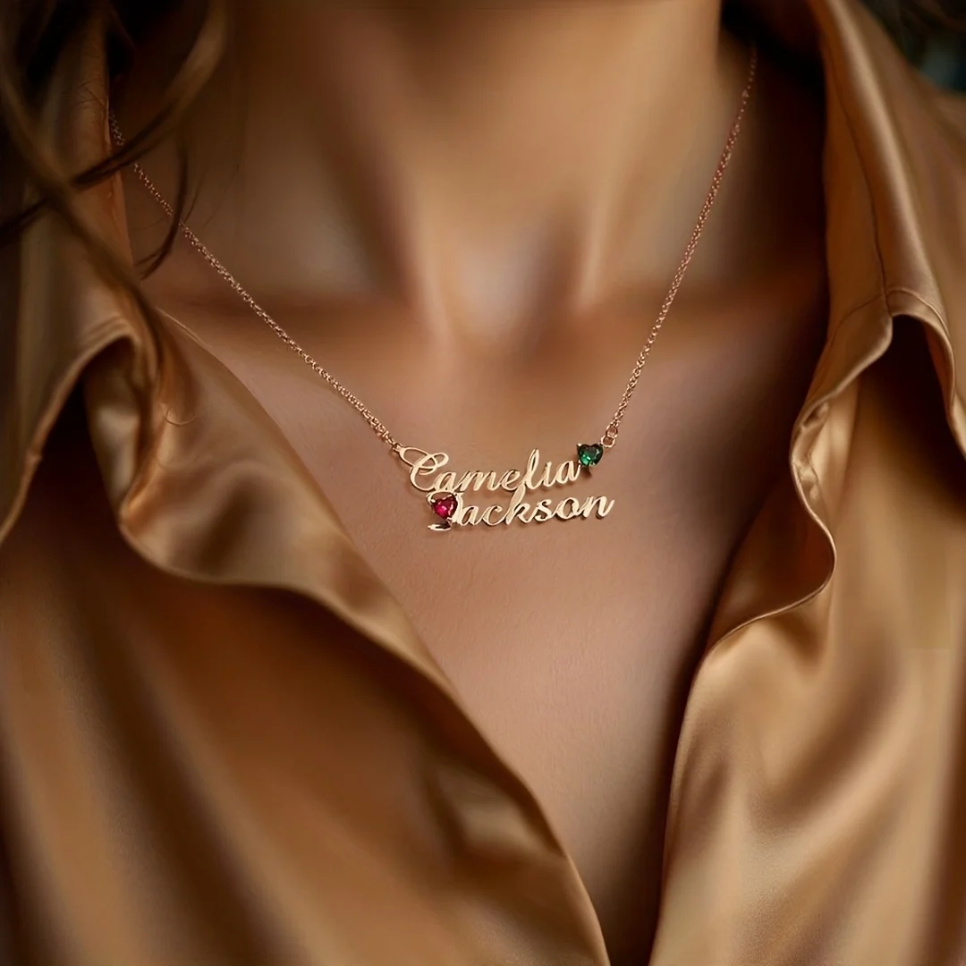 

Custom Couple Double Name Stainless Steel Necklace Women's 12 Month Heart Birthstone Unique Jewelry Birthday Anniversary Gift