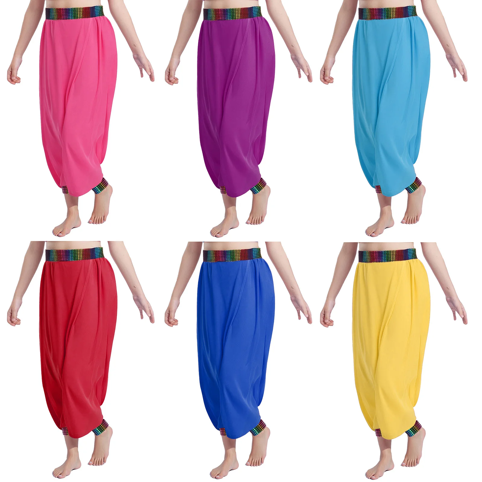 Kids Girls Jazz Dance Pants Small-check Metallic Chiffon Pants Dance Outfits for Party Belly Dance Cheer-leading Competition